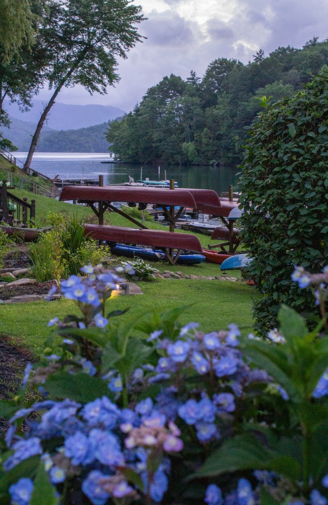 canoe on lake Nantahala with flowers