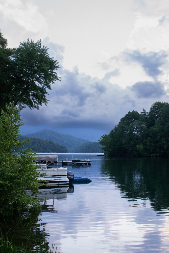lake Nantahala with boat in smoky mountains