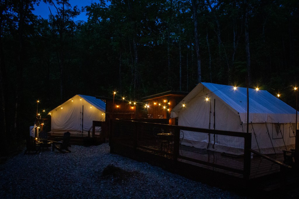 glamping tent with twinkling star lights
