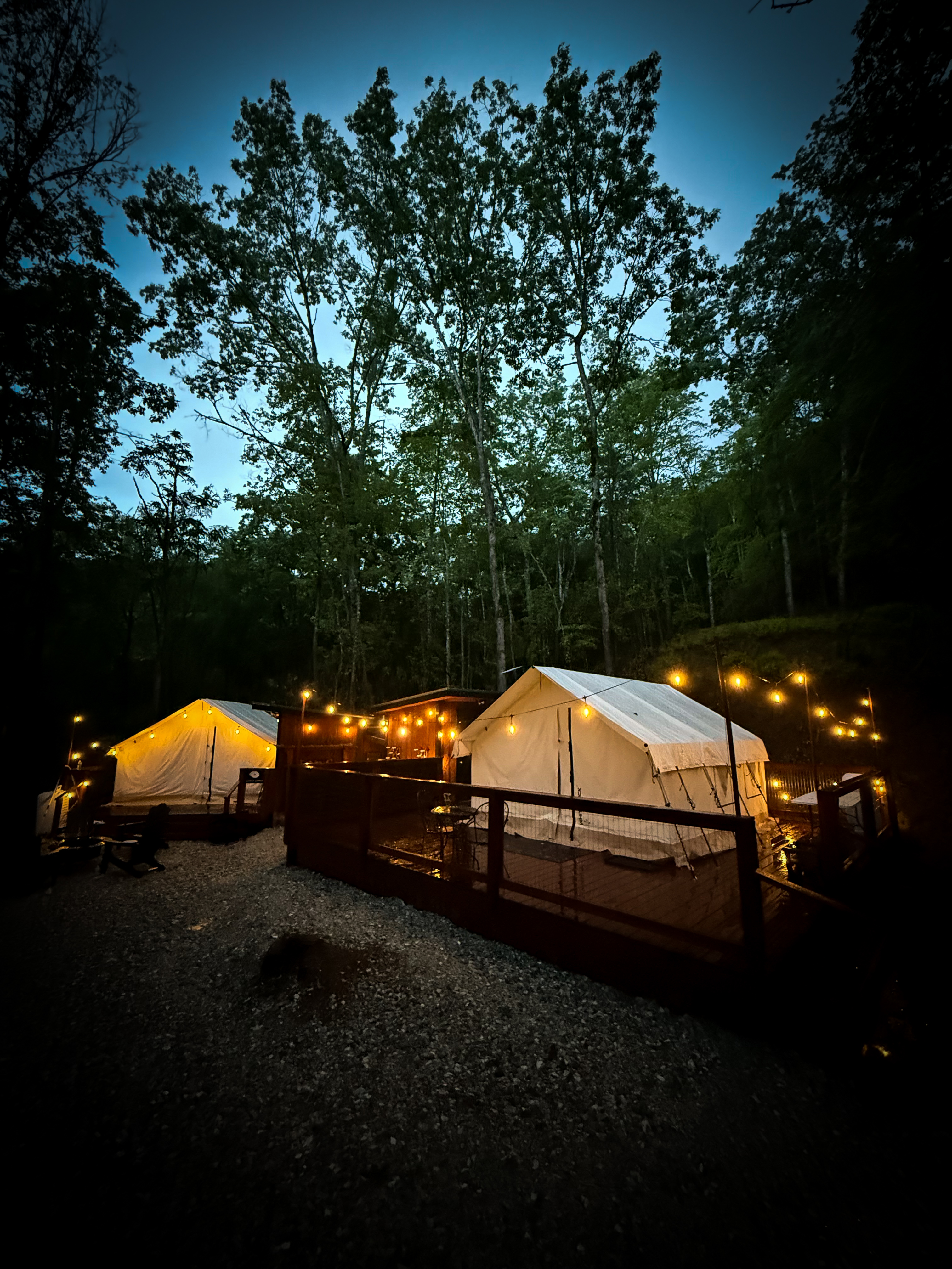 glamping tent at night